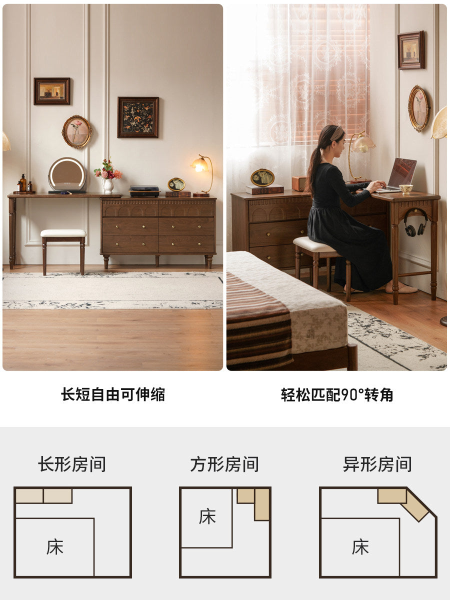实木化妆桌意式轻奢黑胡桃木化妆台卧室伸缩梳妆台